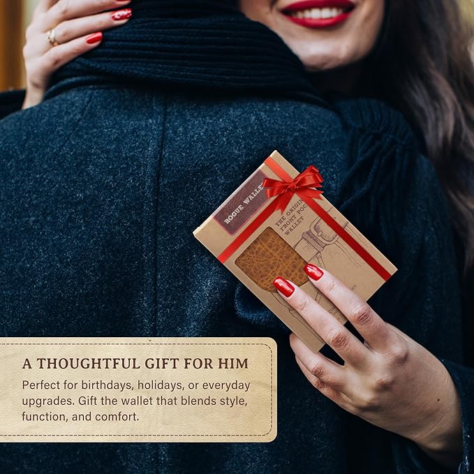 ROGUE WALLET Genuine Bison Leather Wallets for Men - RFID Blocking Curved Front Pocket Design w/ 3 Card Slots, Full Billfold Section & More - Slim Wallets for Men (Brown)