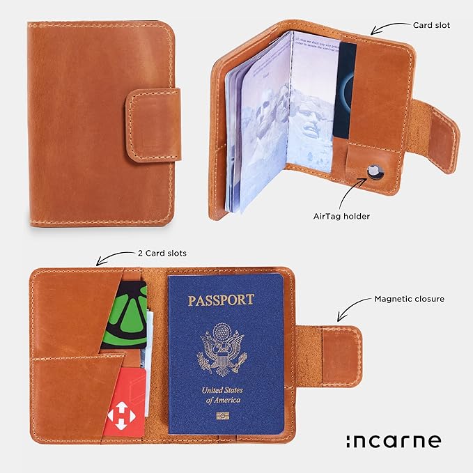 Blue Leather Passport Holder with AirTag Slot - Travel Passport Wallet Compatible with Airtag Passports Case with Card Slots & Note Compartment, Magnetic Closure, Genuine Leather, Vintage Blue