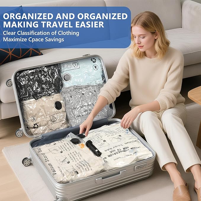 NESCCI Travel Vacuum Bags for Clothing with Rechargeable Wireless Air Pump,18 Pack Compression Seal Packing Bags for Luggage Suitcase,Carry-on Size Space Saver Vacuum Storage Bags