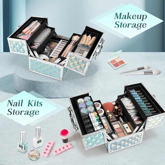 RENESSA Makeup Train Case Portable Makeup Case Organizer Cosmetic Box Make Up Box Makeup Organizer Cosmetic Storage Cases with Locking Nail Kit Organizer Travel Case Shiny Blue