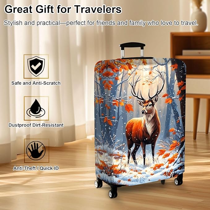 Luggage Cover Protector for 30-32 Inch Suitcases, TSA Approved Elastic Travel Suitcase Covers, Anti-Scratch Washable Luggage Sleeve for Carry On & Checked Bags, Autumn Colored Deer