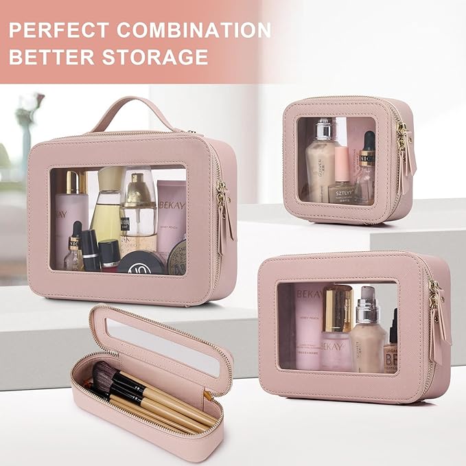 Pinkmik Travel Clear Makeup Bag with Brush Case TSA Approved Toiletry Bag Waterproof Cosmetic Organizer with Zipper Car Essential for Women (Pink, M+SLIM)