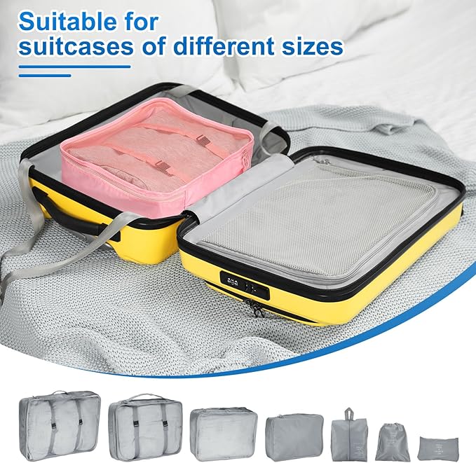 uxcell 7Set Travel Packing Cube, Travel Bags Organizer Luggage Organizer Bags Lightweight Compression Cube Travel Essentials with Shoe Bag for Outdoor Carry on Suitcases, Gray