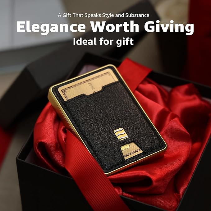 RFID Blocking Wallet, Minimalist Card Holder with Quick Access, Holds 1 to 12 Cards & Cash, Vegan Leather & Brushed Aluminum, Gift-Ready Packaging (Black & Gold)
