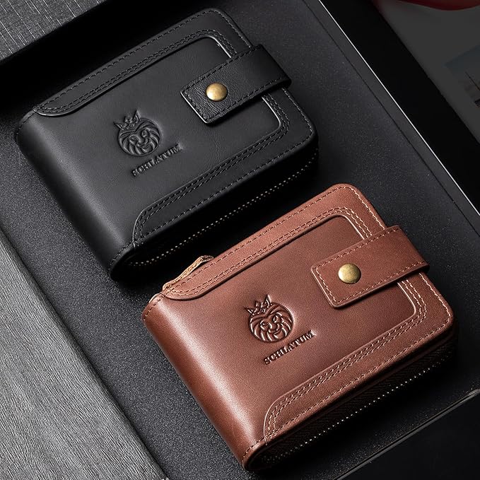 Genuine Leather Zipper Wallet for Men RFID Blocking Large Capacity Vintage Wallet with Coin Pocket ID Window, Coffee