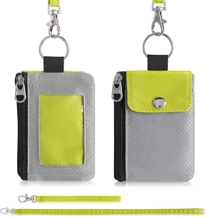 Minimalist Wallet For Mens Womens, Keychain RFID Blocking Zipper Small Wallet with ID Window 2 Lanyards,Water Resistant Travel Cash Card Coin Case Boys Girls