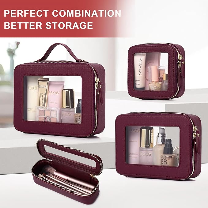 Pinkmik Travel Clear Makeup Bag with Brush Case TSA Approved Toiletry Bag Waterproof Cosmetic Organizer with Zipper Car Essential for Women (X/Burgundy, M+SLIM)