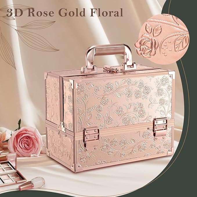 FRENESSA Makeup Case 11.8 Inch Makeup Organizer Case Large Cosmetic Box with Mirror Portable 3 Trays Travel Storage Box for Make Up Nail Tech Kits Cosmetology Case 3D Rose Gold Floral