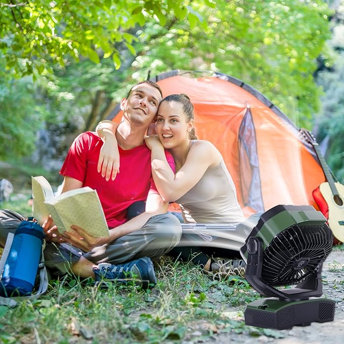 Camping Fan 20000mAh Rechargeable Battery Operated fan Outdoor Tent Fan with Light & Hook, knob Speeds, Personal USB Desk Fan for Camping, Power Outage Jobsite Green X68
