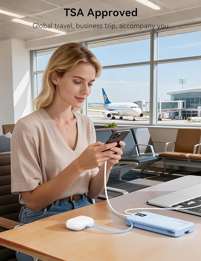 Portable Charger, 12000mAh 22.5W Fast Charging Power Bank with Built-in Cables & Wall Plug, Travel Essentials Battery Pack with LED Display, USB C External Battery Bank for iPhone iPad, Samsung Blue