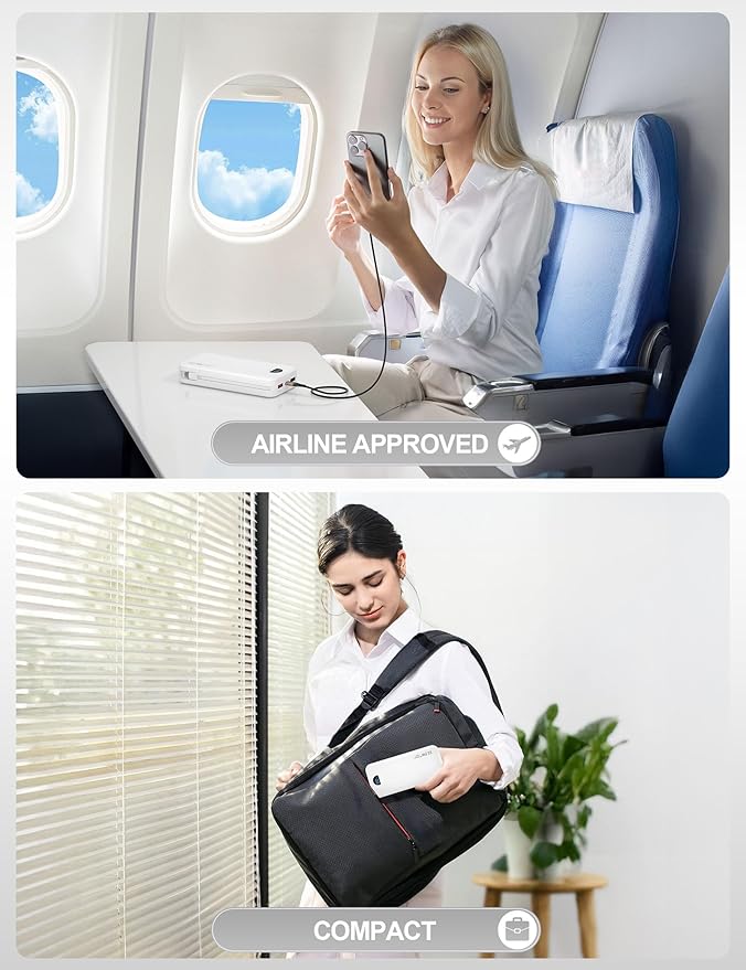 Portable Charger Power Bank, 20000mAh 22.5W Type C Fast Charging with Built-in Cable & Wall Plug, Portable Power Bank with LED Display, Travel Essential for iPhone, iPad, Samsung White