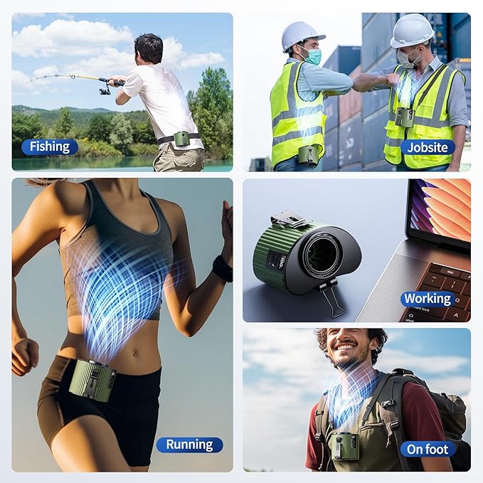 Portable Fan,Rechargeable Waist Fans,11000RPM Strong Airflow Mini Wearable Belt Fan,5 Speed,Personal Clip Waist Fans for Outdoor,Camping,Jobsite,Fishing,Travel (K20-Green)