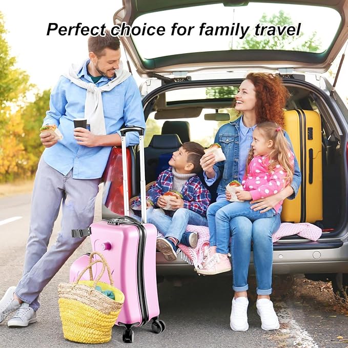 24 Inch Kid Ride Suitcase,Kid Luggage Seat Ride With Lock - Kids Travel Trolley With Safety Belt, Kids Luggage With Wheels Child Stroller Spinner Luggages, ABS+PC (Pink, 6-12 Years)