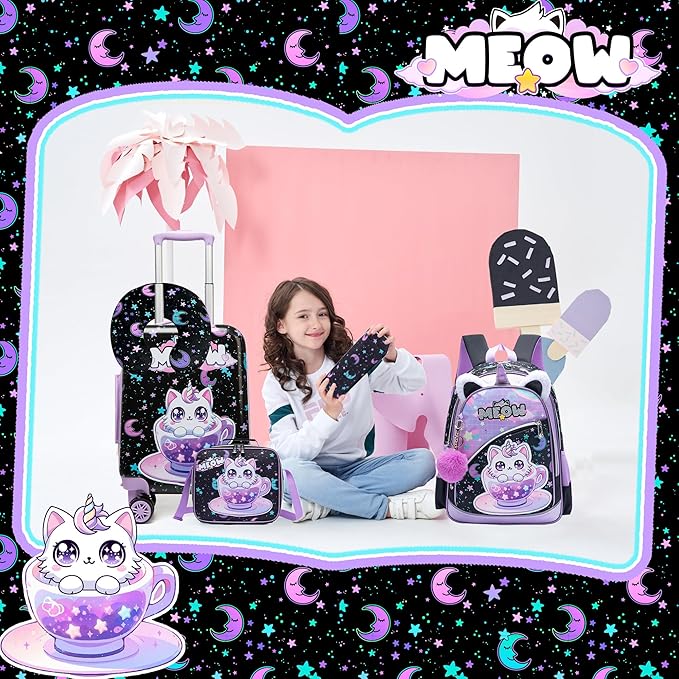 Kid's Luggage Set 5 Piece Suitcase Set 16' Hardside Spinner Wheels Girls Carry On Toddler Travel Rolling Airline Approved