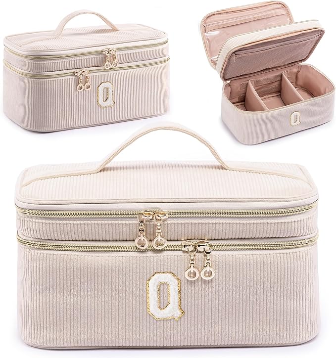 AMOIGEE Initial Makeup Bag Organizer,Personalized Double Layer Train Case, Travel Toiletry Bag for Makeup Brushes for Teens Girl, Skincare Gift Set, Initial Cute Cosmetic Make Up Bag for Women