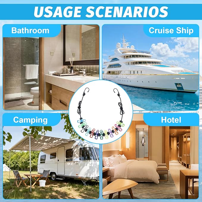 Travel Clothesline for Cruise Retractable Clothesline with 12 Clothesline Clips 2 Strong Magnets Hooks 4 Luggage Tags Camping Portable Clothesline for Hotel Room RV Indoor Cruise Ship Essentials 2025