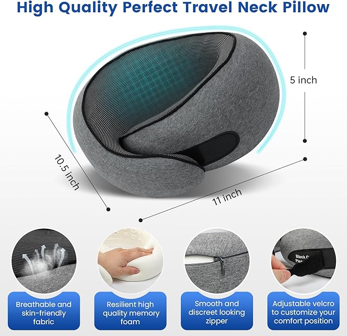 Teemour Travel Neck Pillow Airplane 360ยฐ Support Memory Foam Travel Pillows for Airplanes with Eye Mask & Ear Plugs, Portable Carry Bag for Travel & Office, Essentials for Home, Business Trip, Large
