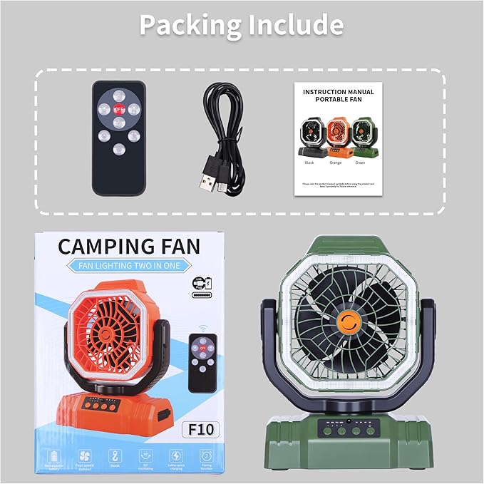 AVV 20000mAh High Speed Portable Camping Rechargeable Fan with Remote Control, Battery Powered with Auto Oscillating with Camping Essentials Accessories for Outdoor, Beach, Patio, Tent, Green