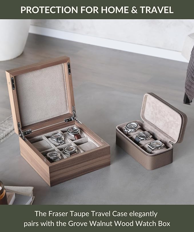 TAWBURY Watch Case - 3 Slot Portable Watch Storage Box for Home & Travel with Extra Wide Pillows for Large Watches and Compartment for Accessory Storage (Taupe)