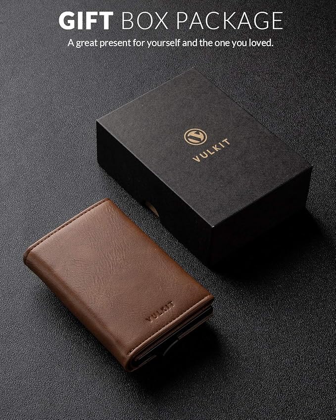 VULKIT Pop up Wallet Minimalist Cash Wallets RFID Blocking Leather Smart Credit Card Holder with Magnetic Closure for Men