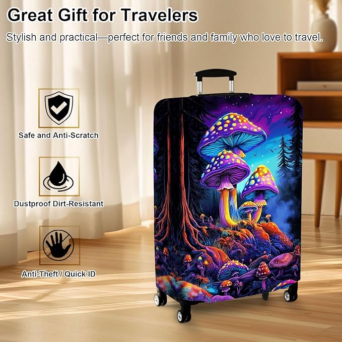 Luggage Cover Protector for 26-28 Inch Suitcases, TSA Approved Elastic Travel Suitcase Covers, Anti-Scratch Washable Luggage Sleeve for Carry On & Checked Bags, Big Mushroom