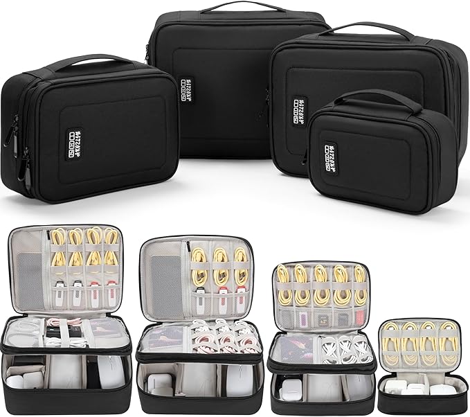 AKOZLIN Padded 4pcs/set Double Layer Travel Organizer Office Cord Cable Electronics Accessories Bag Electrical Cord Management Case Black