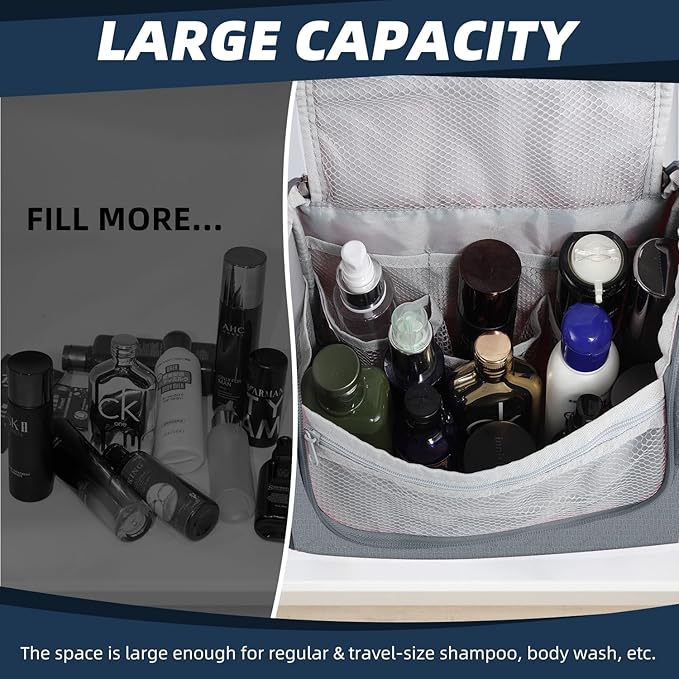 Buruis Large Toiletry Bag for Women and Men, Hanging Travel Bag for Makeup, Cosmetics, Shaving, Toiletries, Water-Resistant Dopp Kit for Gym, Camping, or Daily Use, Gray