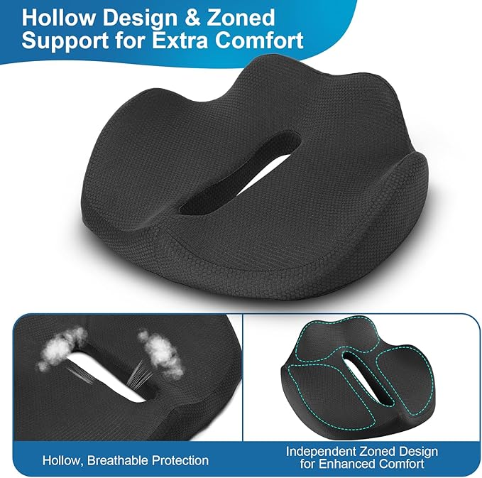 PilloVive Memory Foam Seat Cushion for Office Chairs & Car Seat - Ergonomic Office Desk Seat Cushion- Doctor Recommended for Tailbone & Sciatica Pain Relief & Back Support(Black)