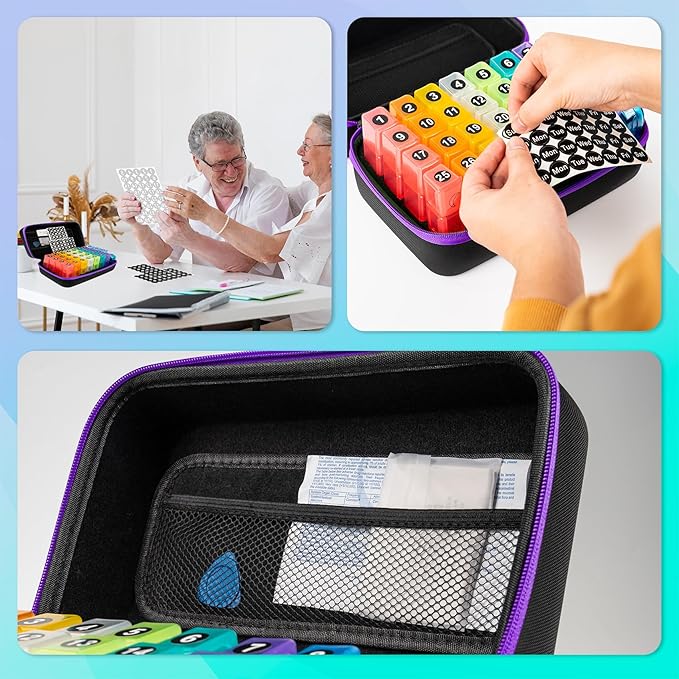 Monthly Pill Organizer, Medicine Organizer Box with Portable Hard Shell and Pill Cutter, 31 Day Pill Holder with Weekly Pill Bag (Purple, 3 Times a Day)