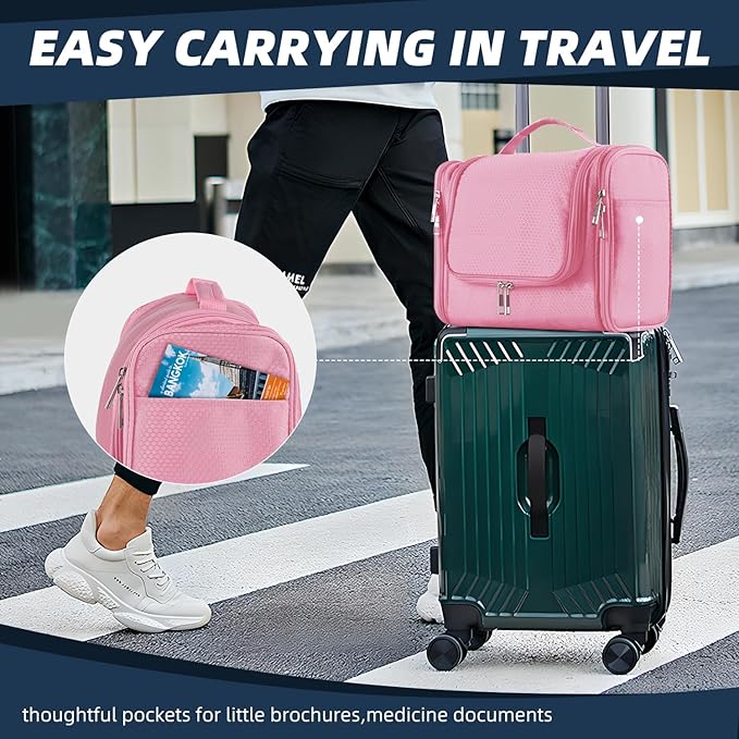 Buruis Large Toiletry Bag for Women and Men, Hanging Travel Bag for Makeup, Cosmetics, Shaving, Toiletries, Water-Resistant Dopp Kit for Gym, Camping, or Daily Use, Pink