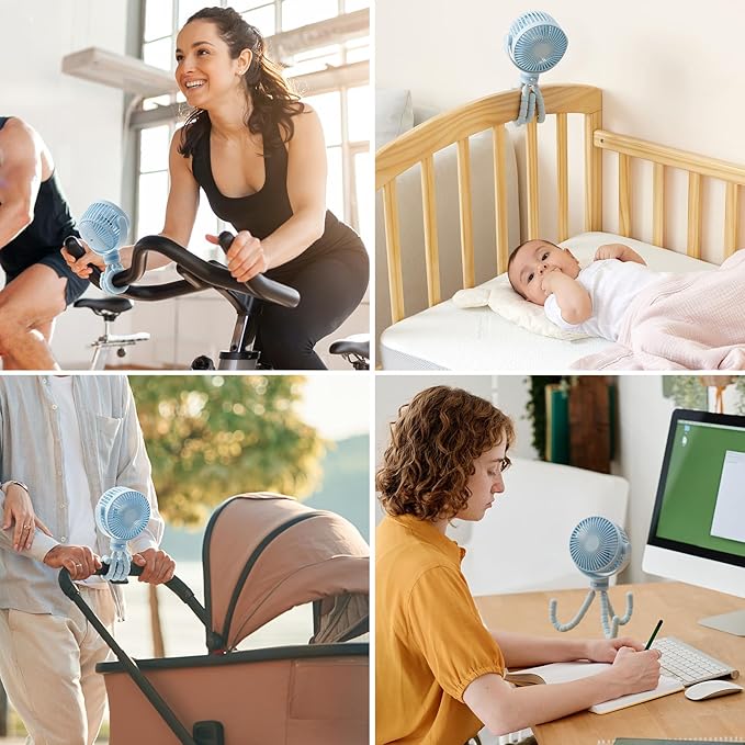 Momcozy Portable Stroller Fan, 8000mAh, 27H Ultra-long Battery Life, Detachable 4 Speed 360°Rotate, LED Night Light with 2 Modes, USB Rechargeable Handheld Cooling Fan for Travel, Car Seat, Bedroom