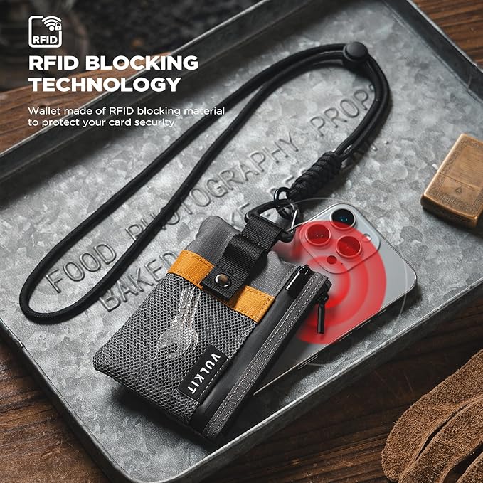 VULKIT Small RFID Wallet for Women & Men – Minimalist Zipper Wallet with ID Window, Keychain & Carabiner, Holds 15 Cards, Water Resistant Travel Lanyard Wallet Grey