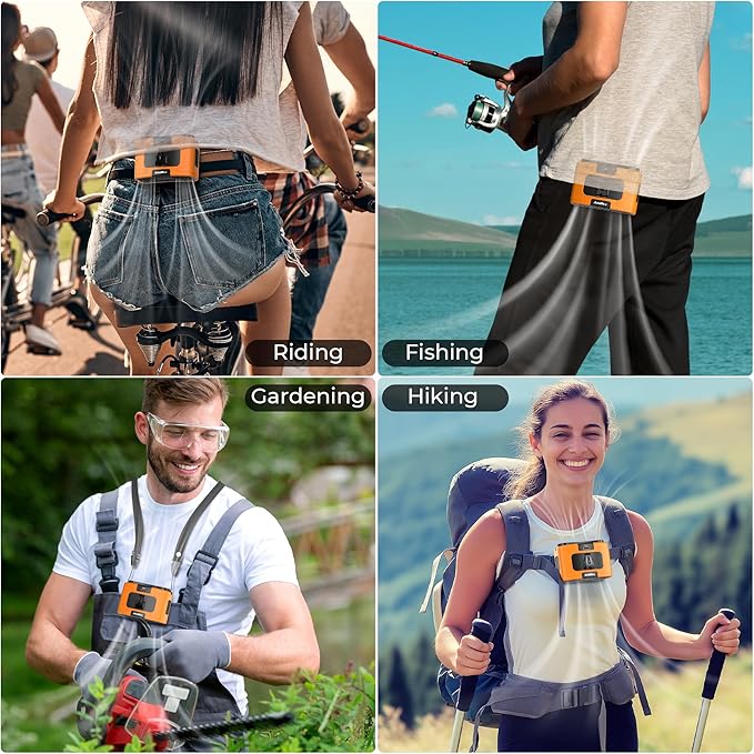 Portable Waist Fan, 20000mAh Battery Operated, Clip On Belt & Rechargeable, 10 Speeds 16000RPM Strong Airflow, Max 40H Working Time, Personal Shirt Fan for Outdoor Jobsite Camping Travel