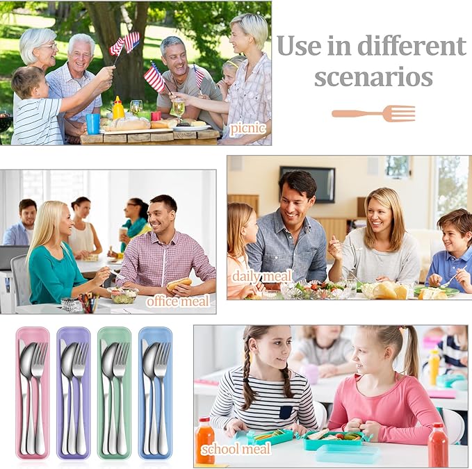 Yinkin 4 Pack Portable Travel Utensils Set with Case Reusable Stainless Steel Silverware Flatware Camping Cutlery Include Fork Spoon Knife for Work School Dishwasher Safe (Purple, Green, Blue, Pink)
