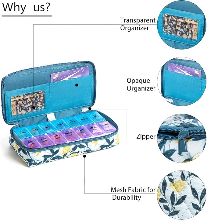 Weekly Pill Organizer 2 Times a Day,7 Day am pm Pill Organizer, Large Daily Pill Cases Pill Box Vitamin Organizer Box,Yellow Floral