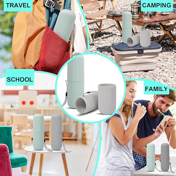 UCEC Toothbrush Cup, Portable Travel Toothbrush Holder Case, Toothbrush Case Set for Camping, Traveling, Home, School, Business, Bathroom, 2 Pack (Green, Grey)