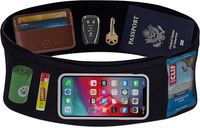 Sporteer VersaMax Running Belt, Travel Belt, Workout Waist Pack - Large Security Pockets Fit All Smartphones, Money, Passport, and Other Valuable Items (Black, X-Large)