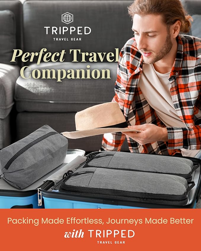 Compression Packing Cubes for Travel by TRIPPED – 6-Piece Premium Set with Laundry & Shoe Bag, Space Saving Travel Organizer Bags for Suitcase & Carry-On Luggage (Grey)