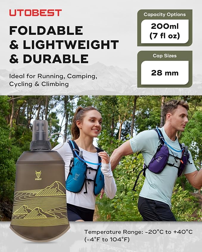 200ml Soft Flask, 2 Pack Flexible TPU Hydration Water Bottle, Collapsible with 28mm Caliber for Running, Hiking, Cycling, Climbing, and Marathon Yellow