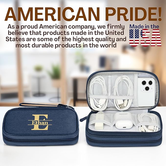 Personalized Electronics Organizer Travel Case Navy – Custom Name Compact Cable Storage Bag for Chargers, Cords, USB Flash Drives, Waterproof Tech Pouch for Travel, Business, Daily Organizer - Navy