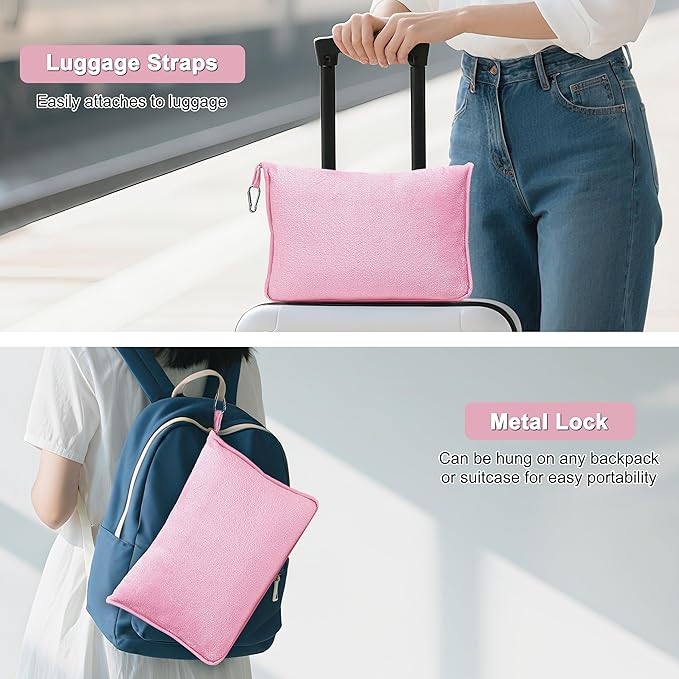2-in-1 Convertible Travel Blanket & Pillow-Ultra Soft, Compact & Packable with Hand Luggage Sleeve and Backpack Clip for Flight & Car,Pink
