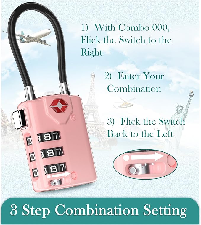 Search Alert TSA Approved Travel Combination Luggage Cable Locks for Suitcase, Gym Locker,Toolbox,Backpack 1,2,4,6 &10 pk (Three Colors)