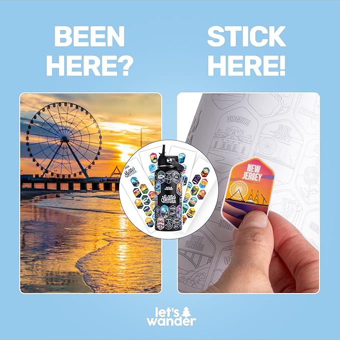 LET'S WANDER 50 States Water Bottle with Waterproof Stickers - 32oz Leakproof Insulated Stainless Steel with Straw - States of the USA Gift Bottle (Black)