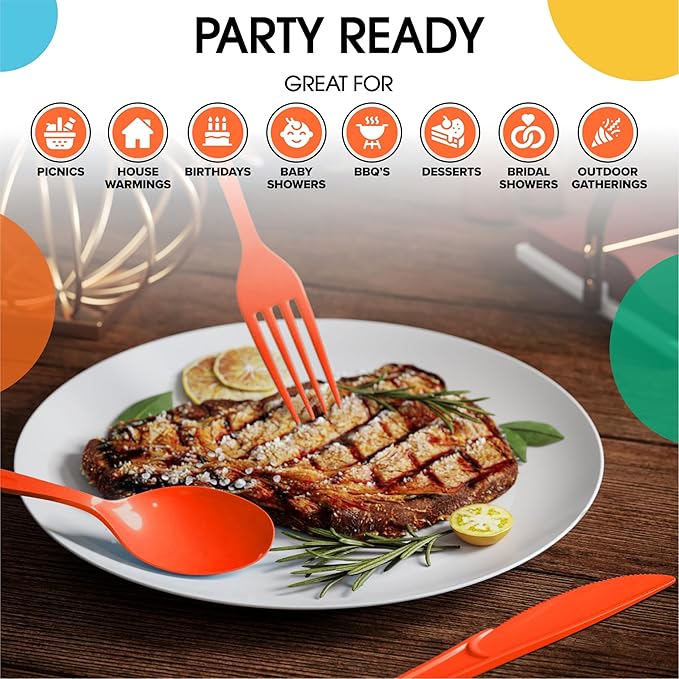 Orange Plastic Silverware Heavy Duty 300 Pieces Orange Disposable Silverware Heavy Duty, Utensil Sets, 100 Of Each Forks, Knives & Spoons Disposable Cutlery Set For Party Supplies
