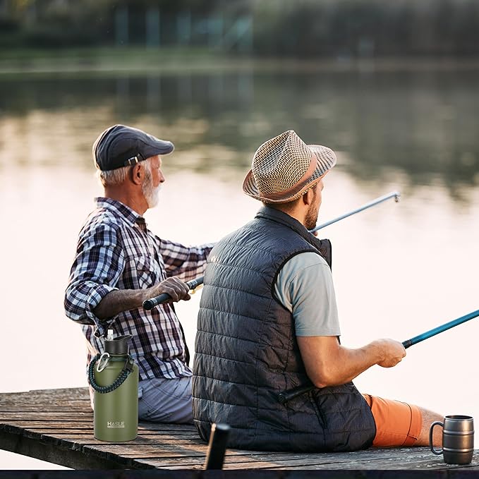 HASLE OUTFITTERS Half Gallon Insulated Water Bottles 64 oz, Stainless Steel Metal Water Jug with 2 Lids Keep Cold 48h/Hot 24h, Leak Proof & BPA-Free Water Flask Jug(Army Green,1)