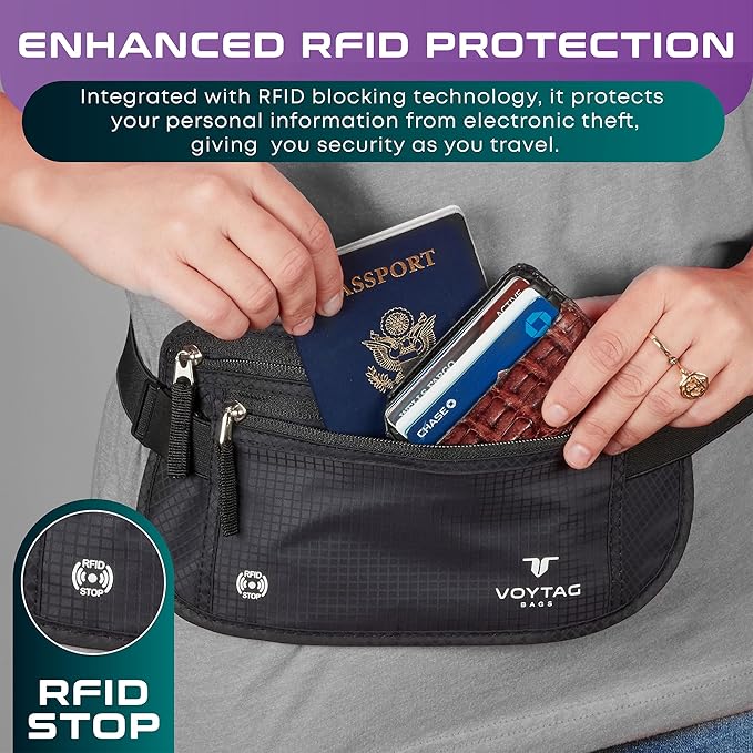 Travel Money Belt & Passport Holder - RFID Blocking Slim Travel Wallet & Fanny Pack for Men and Women - Essential Travel Pouch for Cash, Credit Cards, and Documents (Beige)
