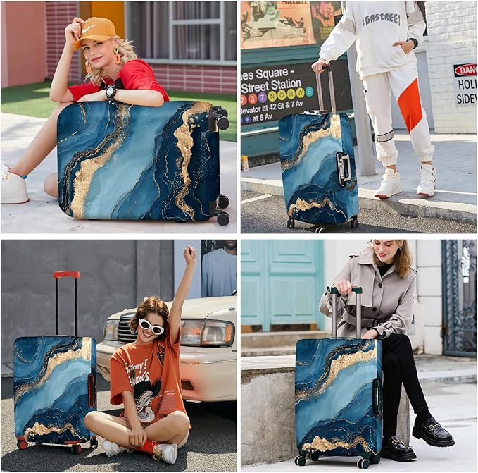 ANNA QUEEN Blue Marble Luggage Cover, Modern Gold Vein Abstract Design Suitcase Protector, Washable Stretchable Travel Sleeve for 20-22 Inch Luggage