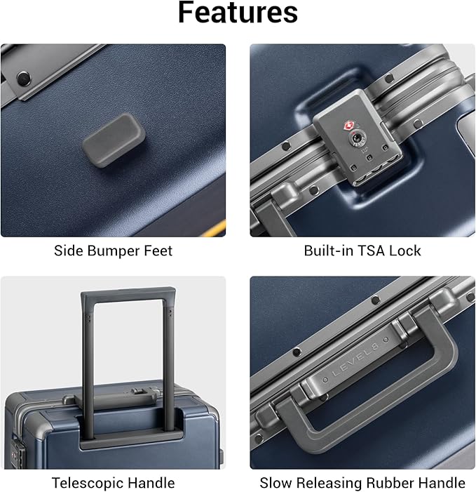LEVEL8 Zipperless Checked Luggage with Aluminum Frame, Upgraded Medium Hardside Suitcase with Spinner Wheels, Metal Travel Luggage with Double Tsa Locks, 24 Inch, Blue