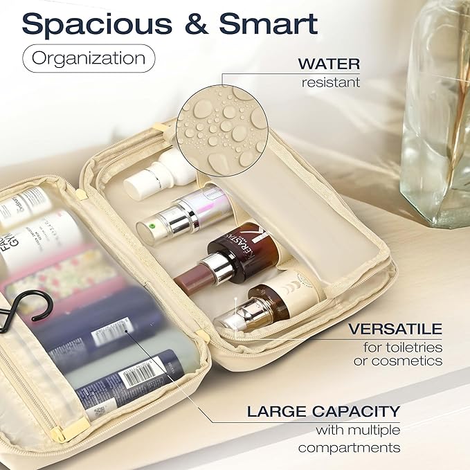 KAZAY Hanging Toiletry Bag with TSA Approved Detachable Pouch, Travel Toiletry Bag, Water Resistant, Premium Nylon, Full-Size Bottles, Travel Size Toiletries, Cosmetic Bag, Unisex (Beige)