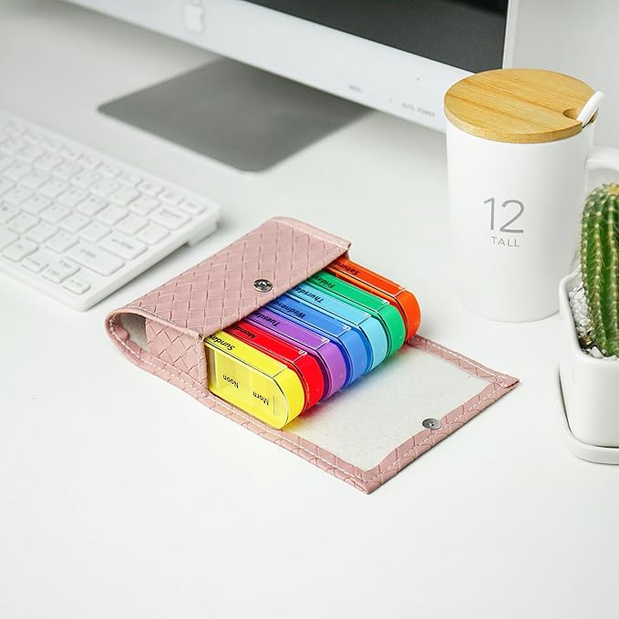 Pill Organizer,LIZIMANDU Weekly Travel Pill Case Box Medication Reminder Daily AM PM, Day Night 7 Compartments,for 4 Times A Day, 7 Days a Week-Includes Leather PU Carrying Case (1-Weave Purple)
